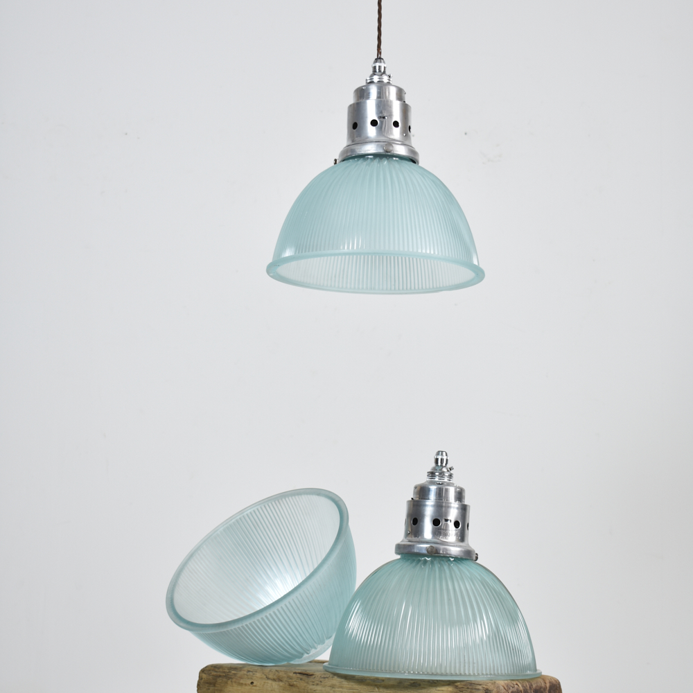 Antique Holophane Pendant Light - Blue Tint