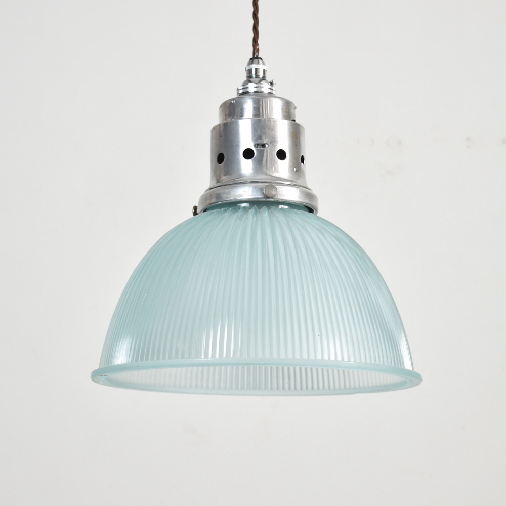 Antique Holophane Pendant Light - Blue Tint