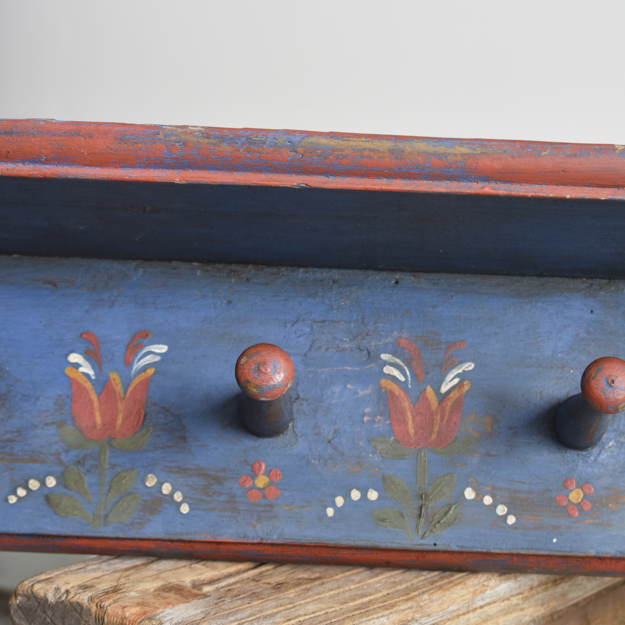 Rustic Painted Peg Coat Hook Rack With Shelf- B | Mayfly Vintage