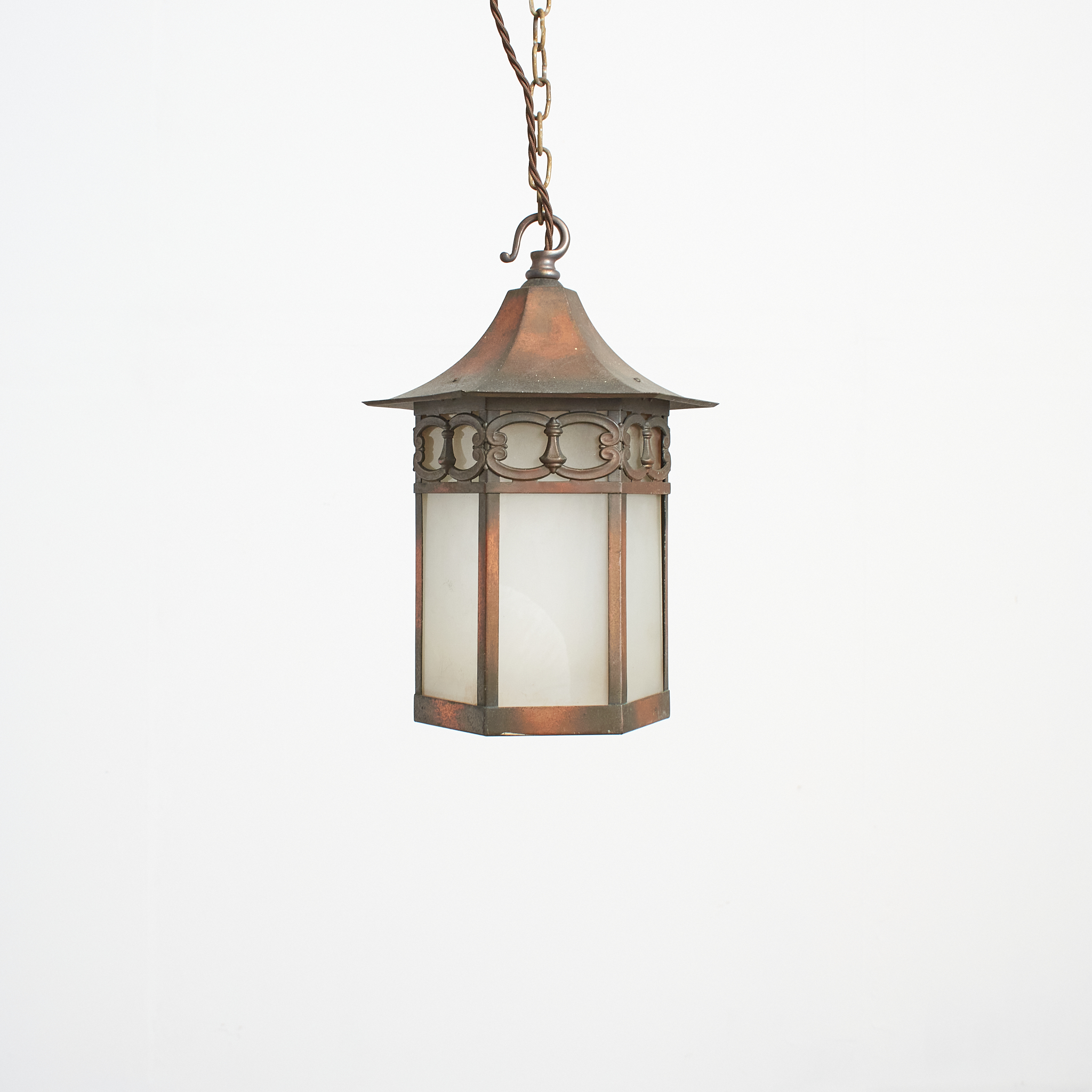 Antique Arts and Crafts Glass Hexagonal Lantern Pendant Light