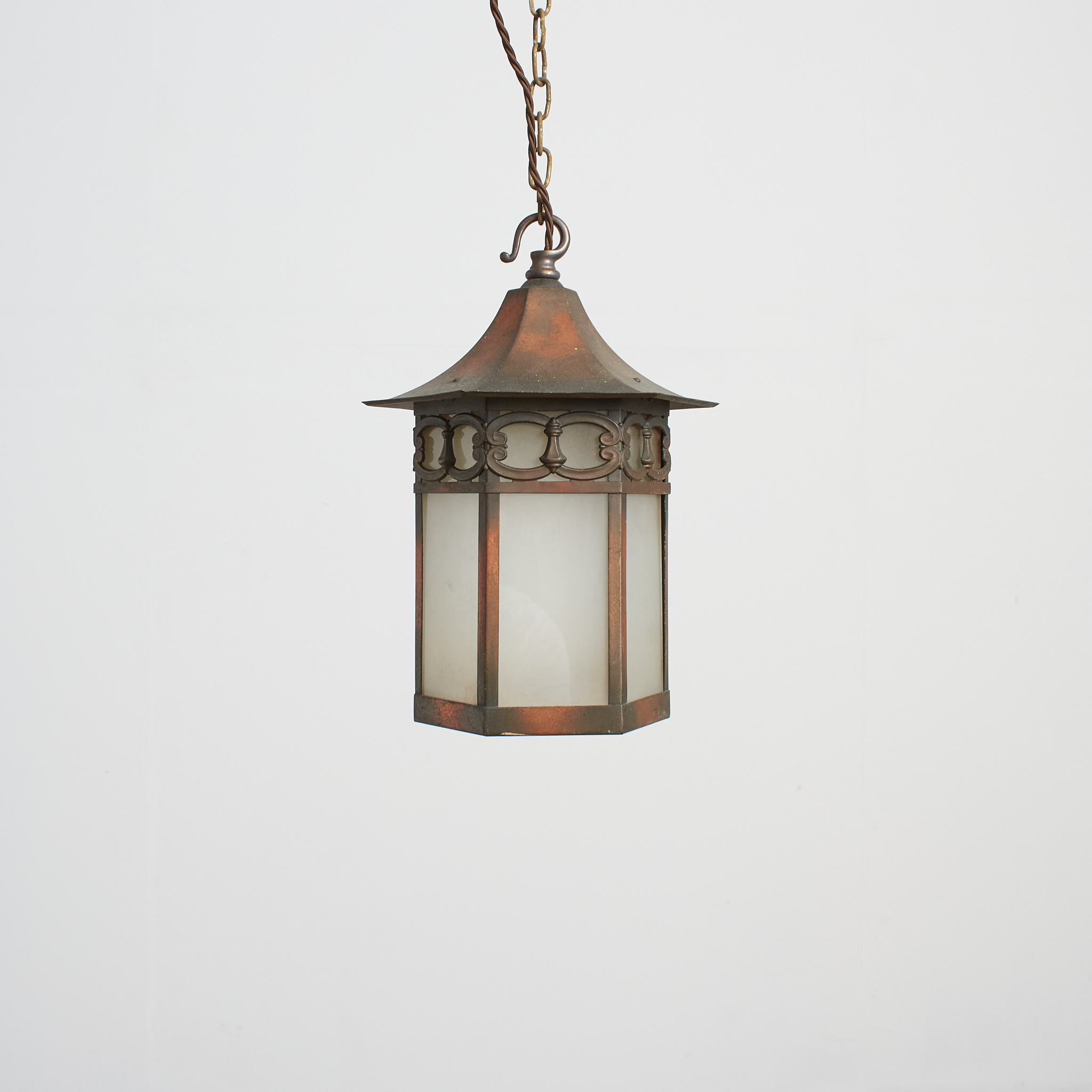 Antique Arts and Crafts Glass Hexagonal Lantern Pendant Light