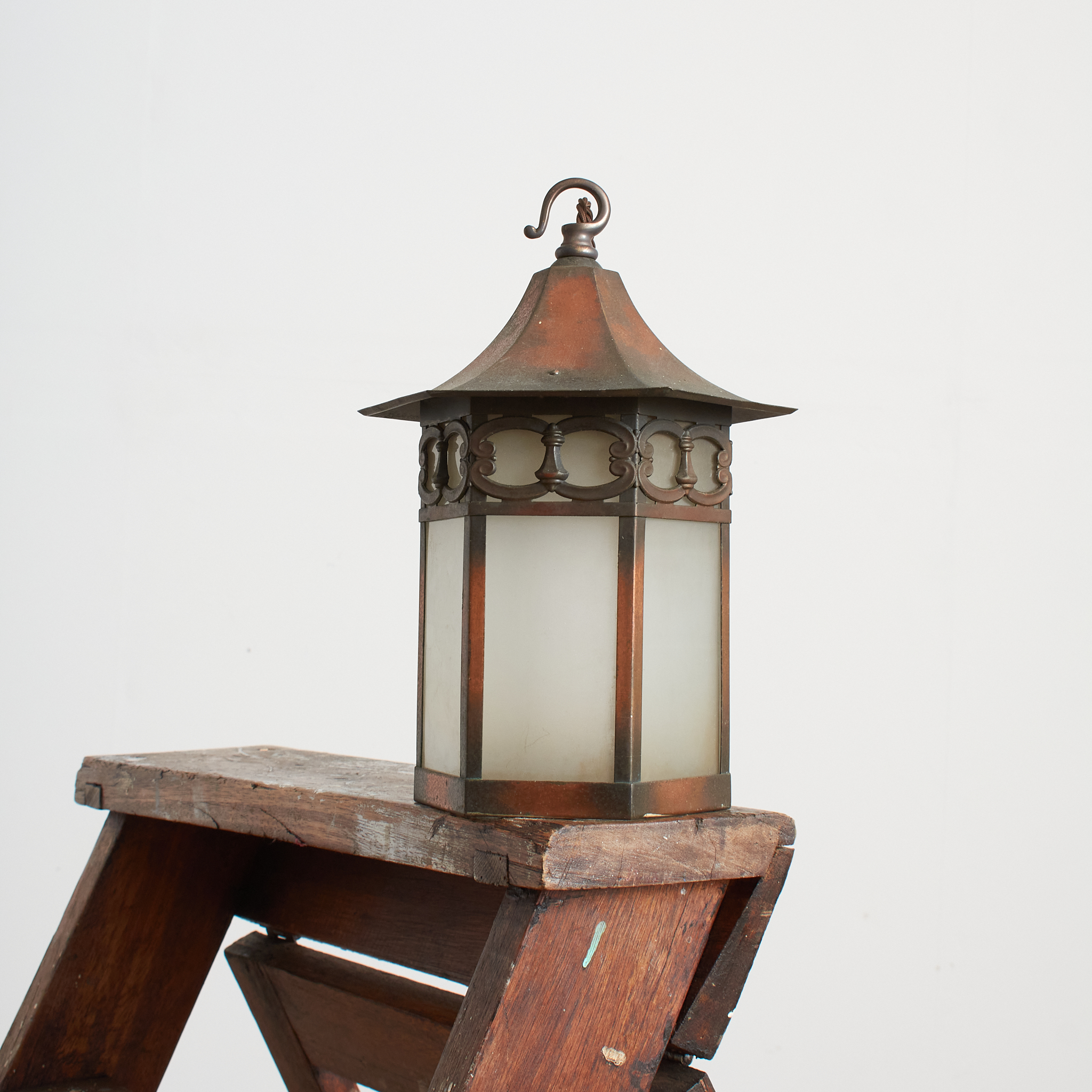 Antique Arts and Crafts Glass Hexagonal Lantern Pendant Light