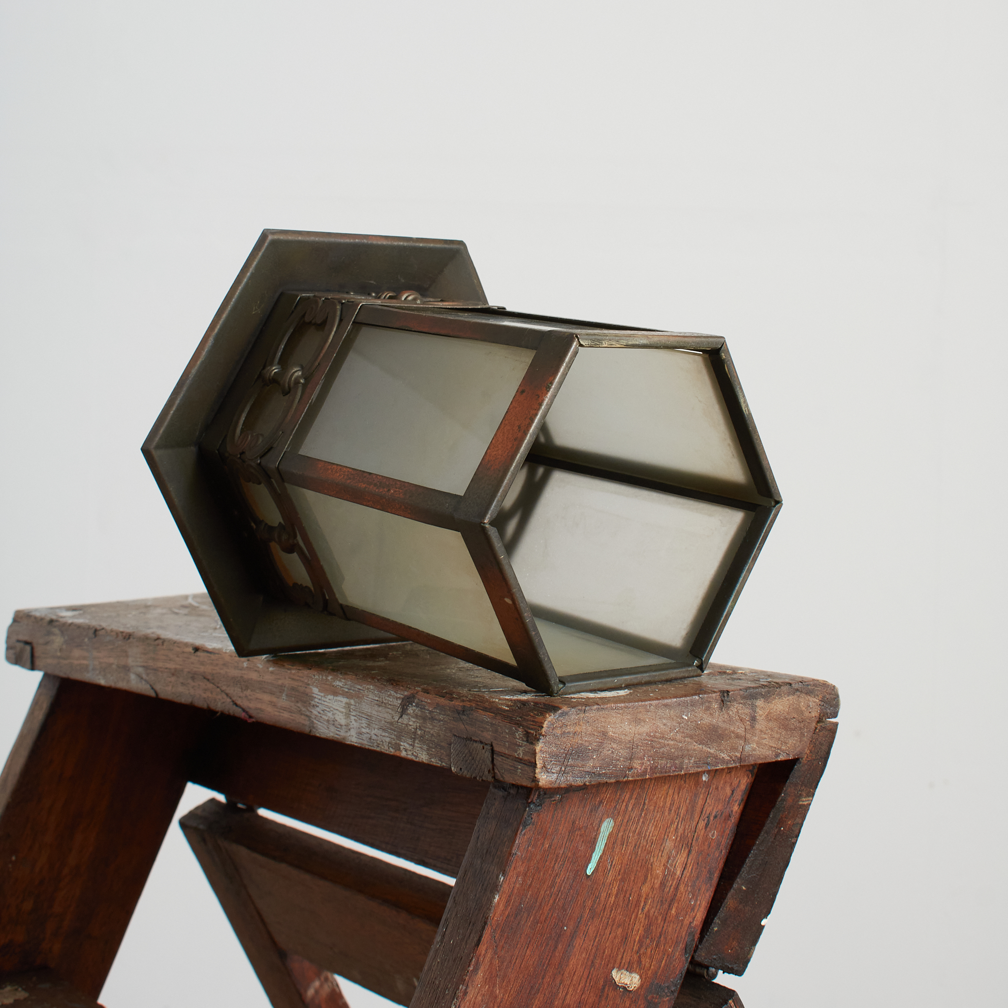 Antique Arts and Crafts Glass Hexagonal Lantern Pendant Light