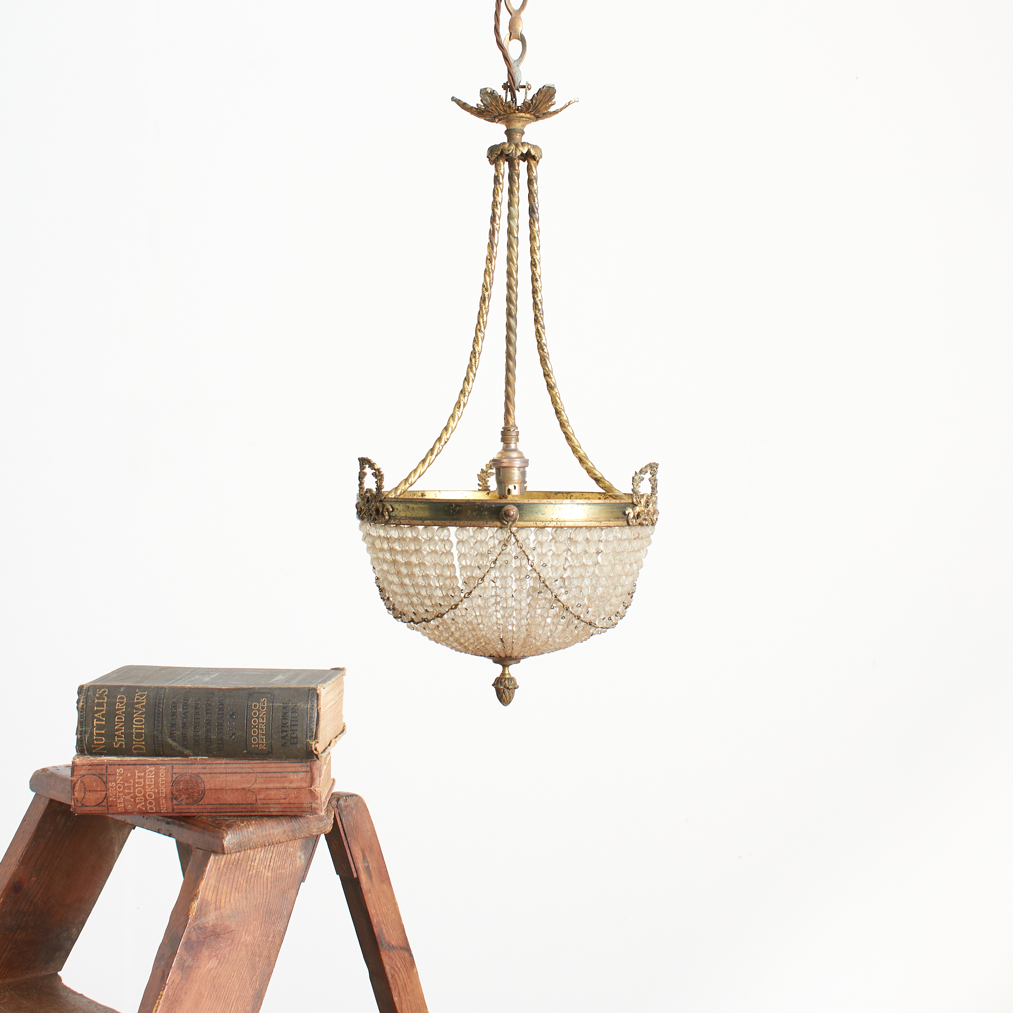 Antique French Crystal Beaded Basket Chandelier